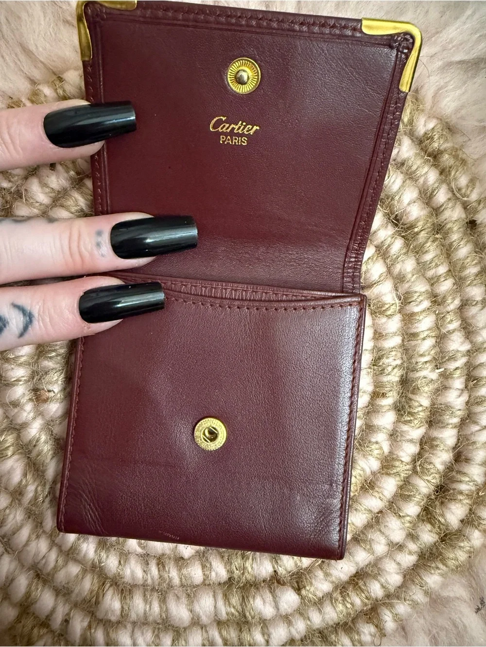 Cartier Deep Burgundy Leather Compact Wallet with Gold Accents
